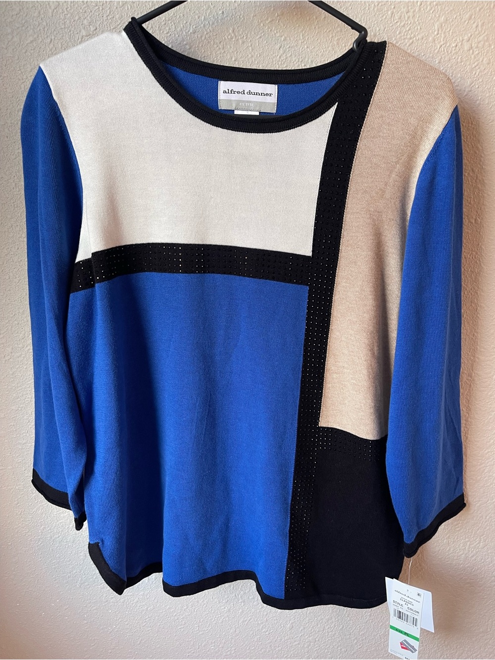 Alfred Dunner Colorblock Long Sleeve Top in Blue, Black & Cream